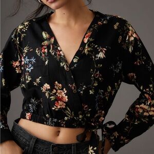 Pilcro Black Floral Women's Cropped Collared Waist-Tie Blouse Black Sz S NWT